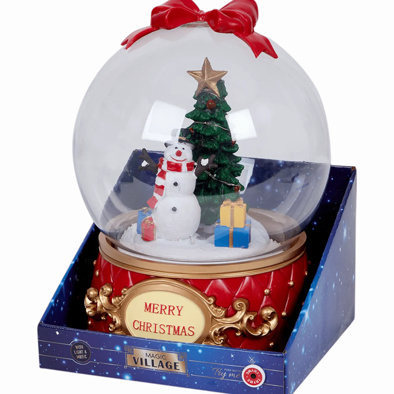 Magic Village sneeuwbol met kerstfiguur, licht en muziek